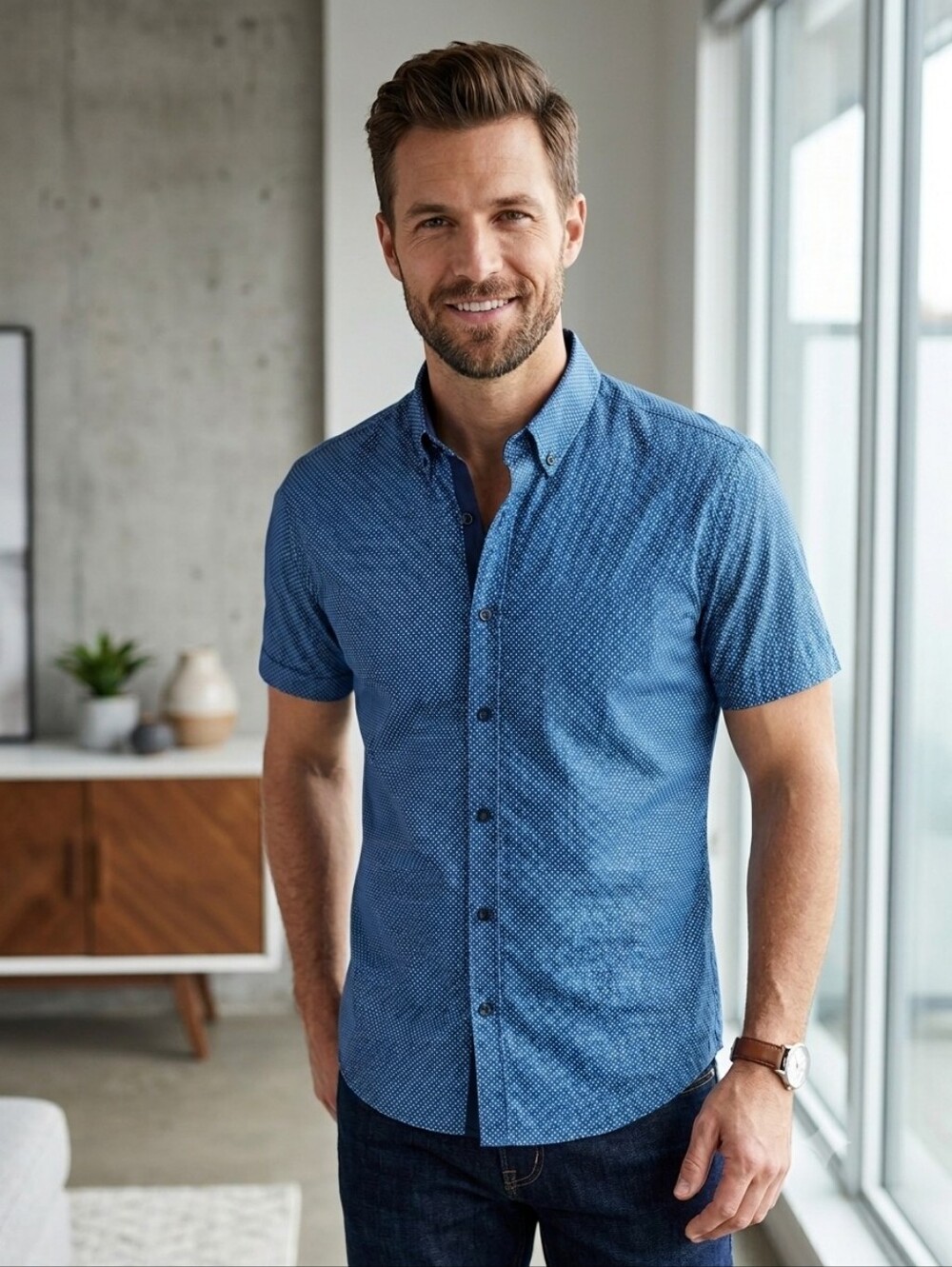 Denver Hayes Blue Geometric Print Short Sleeve Button Down Shirt - Size M